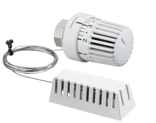 Thermostat von Oventrop in Weiß mit einem Drehregler und einem externen Fühlerkabel. Der Fühler ist in einem kompakten, weißen Gehäuse untergebracht.